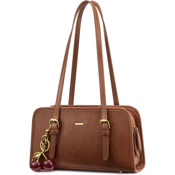 Women's Brown Trendy Swing Zip Hobo Bag - Small Vintage Clutch w/Cherry - Picture 1 of 6